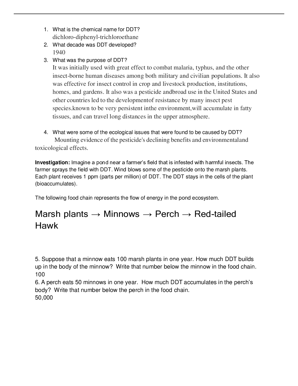 Bioaccumulation & Biomagnification Worksheet